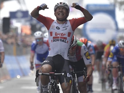 Ewan celebra la victoria en la octava etapa del Giro.