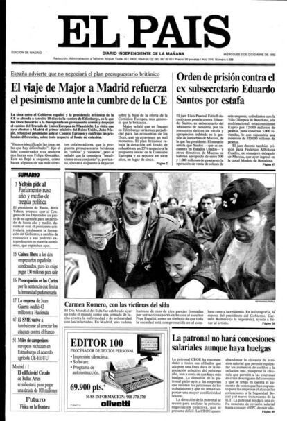 Portada de El PAÍS el 2 de diciembre de 1992, con la acción de Pepe Espaliú.