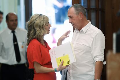 Yolanda Díaz junto a Joan Baldoví en los pasillos del Congreso.