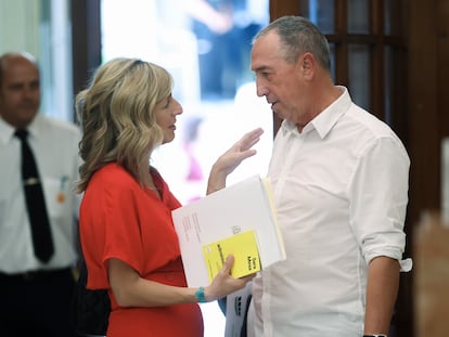 Yolanda Díaz junto a Joan Baldoví en los pasillos del Congreso.