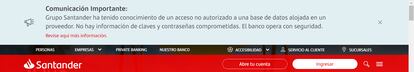 Comunicación del Banco Santander a sus clientes en Chile.