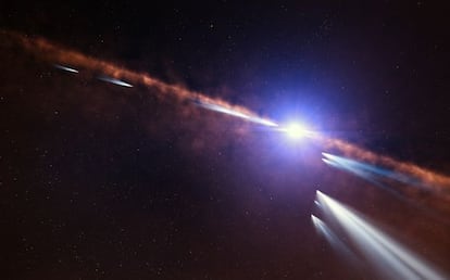 Ilustraci&oacute;n de cometas, probablemente fragmentos de uno mayor, alrededor de la estrella Beta Pictoris.
 
