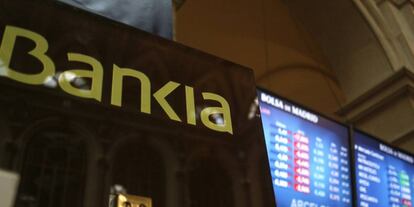 Bankia en los monitores informativos de la Bolsa de Madrid.