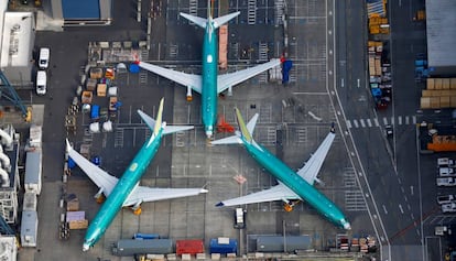 Tres aviones B737 MAX estacionados en la fábrica en Renton, Washington