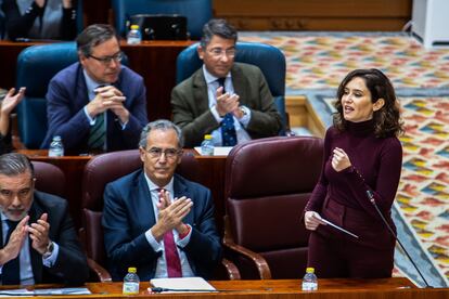 La presidenta de la Comunidad de Madrid, Isabel Díaz Ayuso, interviene en el pleno de la Asamblea de Madrid, este jueves.