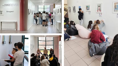 Estudiantes interactúan entre ellos con los objetos expuestos en el 'Espacio Expositivo REVER'.