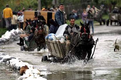 La situación más alarmante se vive hoy en Rumania, donde más de 3.000 personas han sido evacuadas en la localidad de Rastr, en el curso inferior del Danubio, después de que se rompiera un dique por la presión del agua, han informado las autoridades locales. En la imagen, varias personas transportan en carros sus pertenencias mientras intentan escapar de las inundaciones en la localidad de Negoi, en la región de Dolj, a 300 kilómetros al oeste de Bucarest.