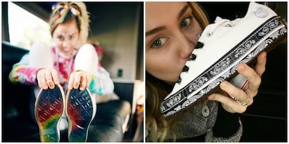 Este 2017, Miley Cyrus ha colaborado con la marca de zapatillas Converse y ha diseñado varios modelos para la conocida marca. Uno de ellos, apra celebrar el mes del orgullo LGTBI (la imagen de la izquierda).