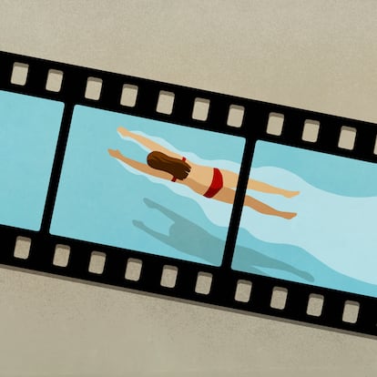 Woman swimming in water on film negative