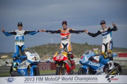 Espargaró, Márquez y Viñales, campeones de Moto2, MotoGP y Moto3.