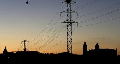 Dos cig&uuml;e&ntilde;as permanecen en el nido de la torre de un tendido el&eacute;ctrico cercano a la Catedral de Pamplona.