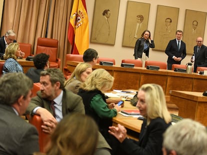 El presidente del Partido Popular, Alberto Núñez Feijóo (al fondo, en el centro), y la secretaria general del Partido Popular, Cuca Gamarra (a la derecha) durante la clausura de la jornada parlamentaria ‘Garantías del Estado de Derecho’, en el Congreso de los Diputados, este lunes.