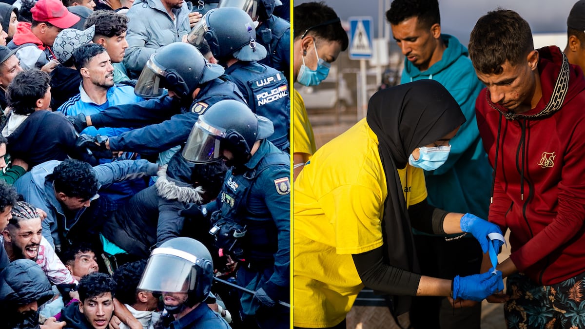 Así ha sido el traslado de migrantes al campamento del puerto de Ceuta: avalanchas y disparos al aire para conseguir una pulsera