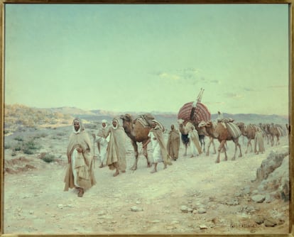 An oil on canvas painting by Paul Lazerges from 1892, titled 'A Caravan near Biskra' (Algeria).