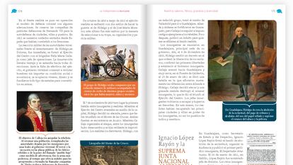 Páginas sobre el movimiento independentista, en el libro de Historia.