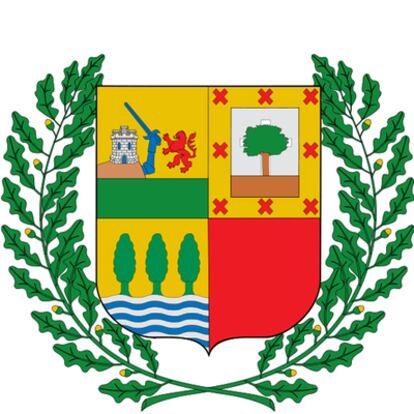 El esucudo vasco se divide en cuatro cuarteles, en los tres primeros aparece el escudo de las tres provincias, y en el cuarto, un fondo rojo. Este último lo ocupaba inicialmente la insignia de Navarra pero se retiró tras una sentencia de 1985 del Tribunal Constitucional porque invadía y lesionaba el ámbito competencial de la Comunidad Foral.