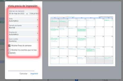 OPciones de impresión Calendar