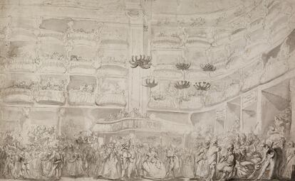 'Baile de máscara en el Coliseo', de Luis Paret y Alcázar (304 x 492 mm.) c. 1767.