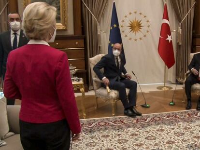 Ursula von der Leyen, Charles Michel y Recep Tayyib Erdogan, en la reunión mantenida el pasado 6 de abril en Ankara (Turquía).