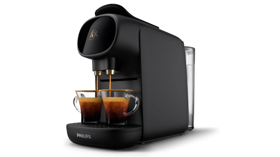 Cafetera de cápsulas Philips con bandeja de goteo ajustable.