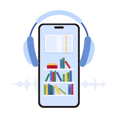 Vector illustration of a mobile phone with headphones and bookshelves, emphasizing audiobooks, digital reading, and mobile learning. Suitable for education, literature, and technology topics.