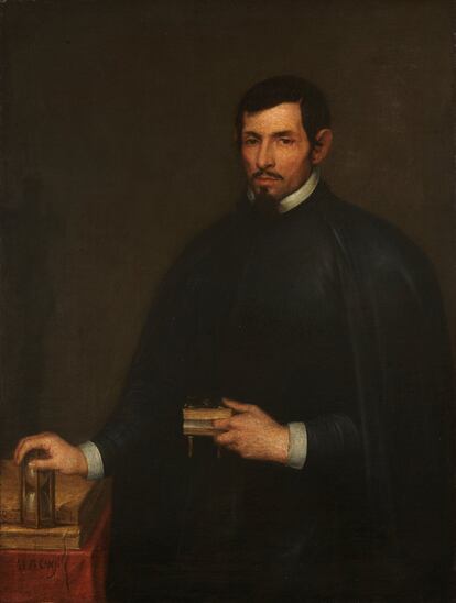 Alonso Cano (Granada, 1601 - 1667), era hijo de un retablero, un contratista y constructor de retablos. Cabe imaginar que se formara junto a su padre en Granada antes de hacerlo en Sevilla, a partir de 1614. En 1616 entró a servir como aprendiz al pintor y teórico del arte Francisco Pacheco (1564-1644); y se cree que también recibió instrucción en la escultura, tal vez de Juan Martínez Montañés (1568-1649). Fue uno de los pocos artistas españoles maestros en las tres artes de la pintura, la escultura y la arquitectura. Explica la Hispanic Society que el retratado, relativamente joven y circunspecto, clava en el espectador una mirada penetrante, como instándole a pensar en la brevedad de la vida humana mientras corren las arenas del tiempo en el reloj donde apoya la mano diestra. Su sobria presencia, el libro y el reloj de arena, todo recuerda la espiritualidad contrarreformista de los 'Ejercicios espirituales' de san Ignacio de Loyola.