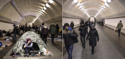 Una mujer permanecía sentada el 2 de marzo de 2022 junto a una tienda de campaña en la estación de metro Dorohozhychi de Kiev, que fue convertida en refugio antiaéreo al inicio de la invasión rusa. A la derecha, varios usuarios del suburbano caminaban por el mismo lugar el 9 de febrero de este año.