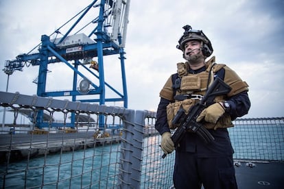 A guard looks on as the Norwegian frigate "Helge Ingstad" leaves the port of Limassol in Cyprus December 28, 2013. The vessel is part of the Danish-Norwegian force that will transport Syria's chemical agents out of the country to destruction. The force is ready for a quick response when they get the green light to go into Syria. Picture taken December 28, 2013.   
    REUTERS/Lars Magne Hovtun/Norwegian Armed Forces/NTB Scanpix    (CYPRUS - Tags: MILITARY TRANSPORT POLITICS) ATTENTION EDITORS - THIS IMAGE HAS BEEN SUPPLIED BY A THIRD PARTY. IT IS DISTRIBUTED, EXACTLY AS RECEIVED BY REUTERS, AS A SERVICE TO CLIENTS. NORWAY OUT. NO COMMERCIAL OR EDITORIAL SALES IN NORWAY. NO COMMERCIAL SALES - RTX16XNB