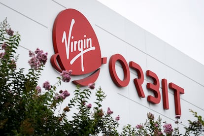 The logo of Virgin Orbit pictured at the company's headquarters in Long Beach, California, in August 2021.