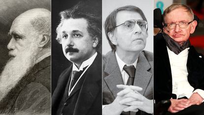 Desde la izquierda, los científicos Charles Darwin, Albert Einstein, Carl Sagan y Stephen Hawking. Son algunos de los autores seleccionados en 'El canon oculto' (Crítica).