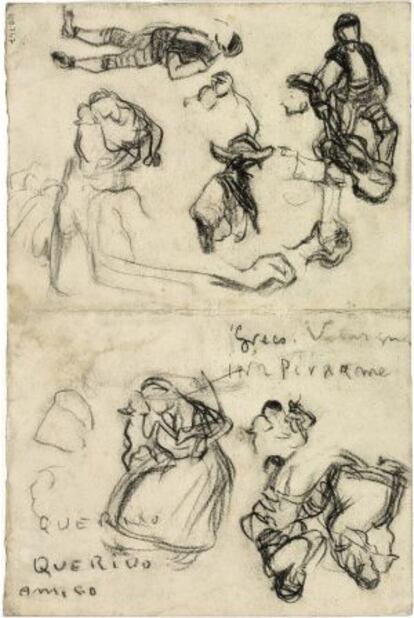 Dibujo de Picasso en el que se puede leer: "Greco, Velázquez, inspiradme"