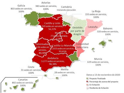 Mapa del Programa de Red.es Escuelas Conectadas a fecha de noviembre del 2020.