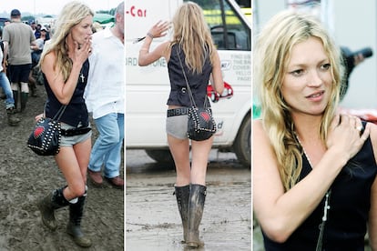 Suyo es el guardarropa festivalero por excelencia. Kate Moss inventó el look Glastonbury (que después otras celebrities versionaron en Coachella). Todo empezó en 2005: con unos hotpants de denim, un chaleco masculino, una bandolera de ante y unas botas de agua Hunter. Todavía hoy, en festivales como Benicàssim, se reproducen las réplicas de este look.