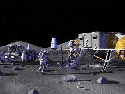 Ilustración de lo que podría ser un futuro refugio de exploración en el suelo lunar para albergar a los astronautas, que se desplazarían en vehículos todoterreno.