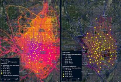 Rutas de ciclistas (izquierda) y llegadas a estaciones de BiciMAD.