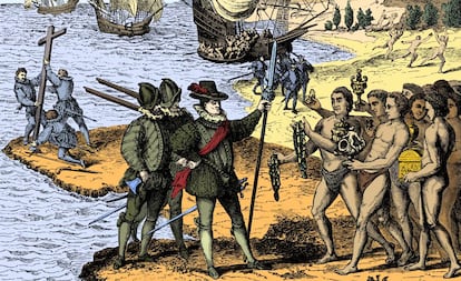 Cristóbal Colón toma contacto con la población indígena en 1492, en un grabado de 1590.