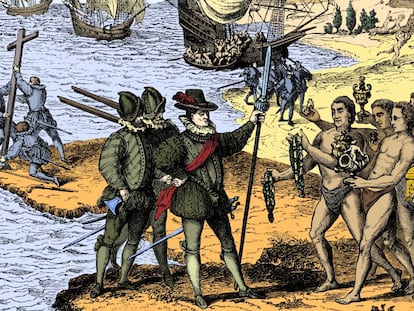 Cristóbal Colón toma contacto con la población indígena en 1492, en un grabado de 1590. 