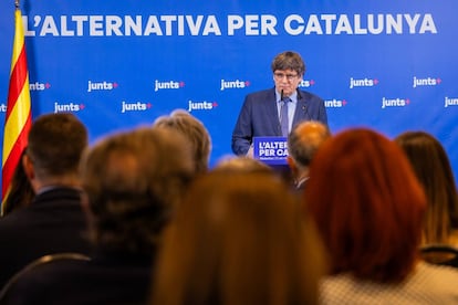 El presidente de Junts, Carles Puigdemont, durante una rueda de prensa en Waterloo (Bélgica), el pasado 12 de mayo.