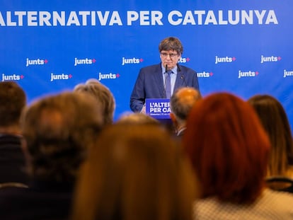 El presidente de Junts, Carles Puigdemont, durante una rueda de prensa en Waterloo (Bélgica), el pasado 12 de mayo.