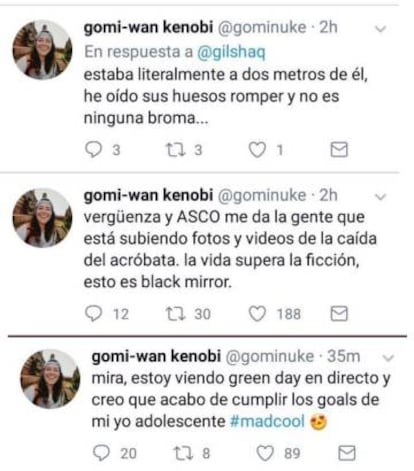 Tweets publicados por una asistente al Mad Cool. Posteriormente los retiró y pidió disculpas.