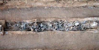 A view of part of the 30-foot-long mass grave found near Gumiel de Izán by Association for the Recovery of Historial Memory investigators.