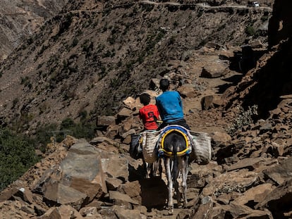 Dos niños a lomos de burros bajan el valle de Amndar para cargar ayuda humanitaria el pasado miércoles.