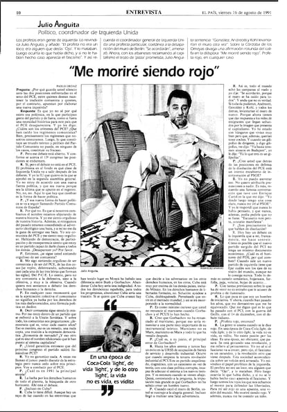 Entrevista a Anguita. Página de la edición impresa de EL PAÍS de agosto de 1991