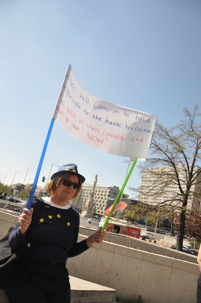 A banner in reference to former British Prime Minister David Cameron, who called the 2016 Brexit referendum.