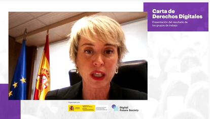 Carme Artigas, secretaria de Estado para la Digitalización e Inteligencia Artificial, durante la presentación de la Carta de Derechos Digitales.