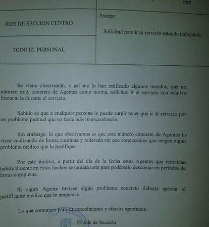 Circular interna del Ayuntamiento sobre las visitas a los cuartos de baño de los agentes de movilidad.