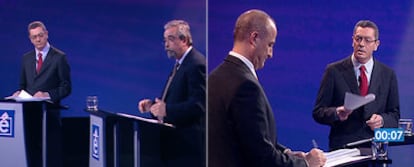 Alberto Ruiz-Gallardón, del PP, y Ángel Pérez, de IU (a la izquierda), y Miguel Sebastián, del PSOE, y Gallardón (derecha), en dos momentos del debate. 
/ TELEMADRID
El plató con los tres candidatos.