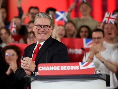 Keir Starmer, leader of Britain's Labour party, reacts as he speaks at a reception to celebrate his win in the election, at Tate Modern, in London, Britain, July 5, 2024.