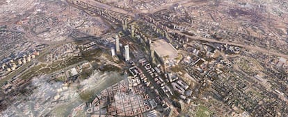 Recreación de cómo quedará el norte de Madrid cuando esté finalizado el proyecto, con la nueva estación de Chamartín junto a las torres.