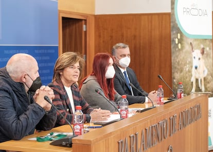 De izquierda a derecha, Francisco Garrido (Los Verdes), Esperanza Oña (PP), Luz Marina Dorado (Adelante Andalucía) y Javier Pareja (Cs), en la presentación de la asociación Prodia en favor de los derechos de los animales.